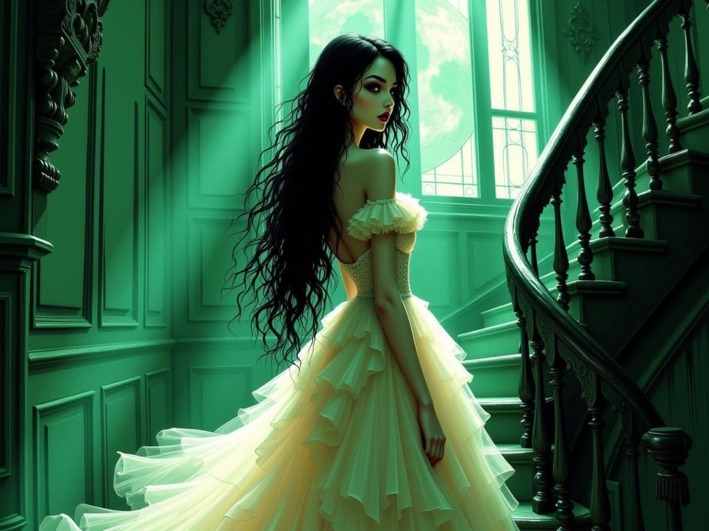 Gothic Vampire Lady Descends Sunlit Staircase