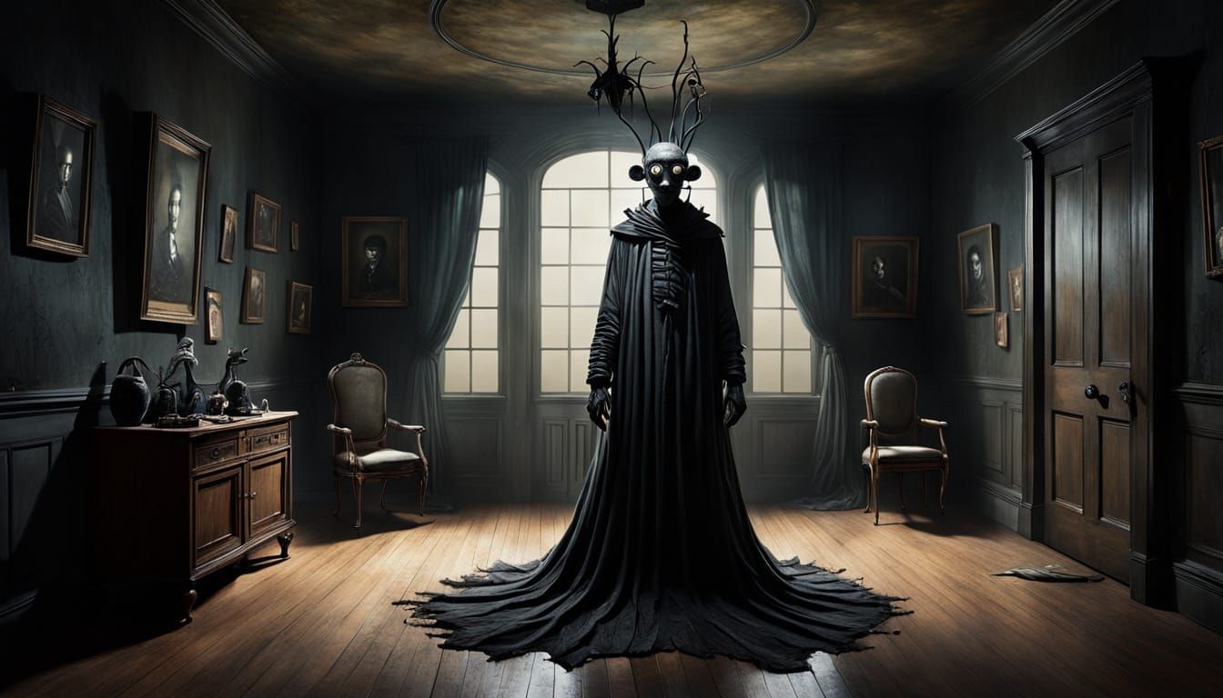 Surreal Figure Emerges from Darkened Chamber