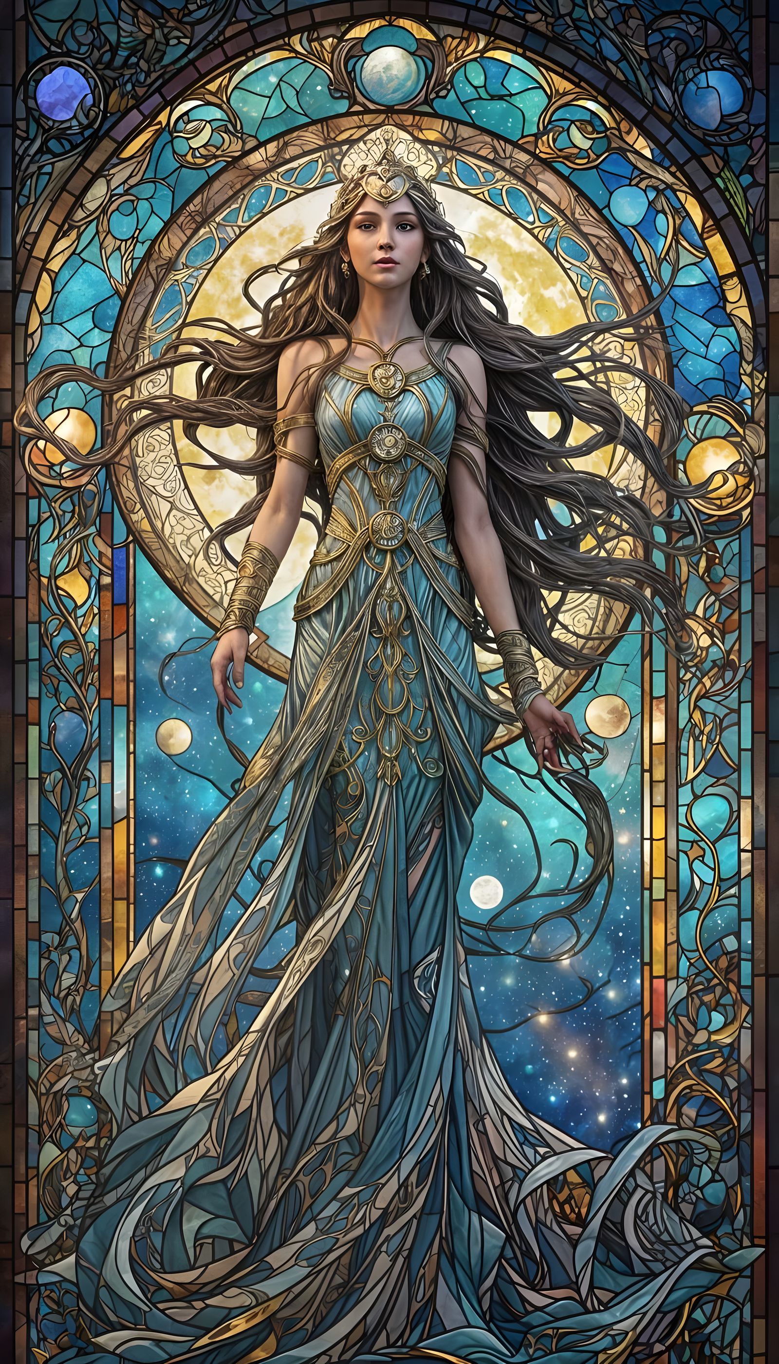 Moon Goddess in Vibrant Art Nouveau Style