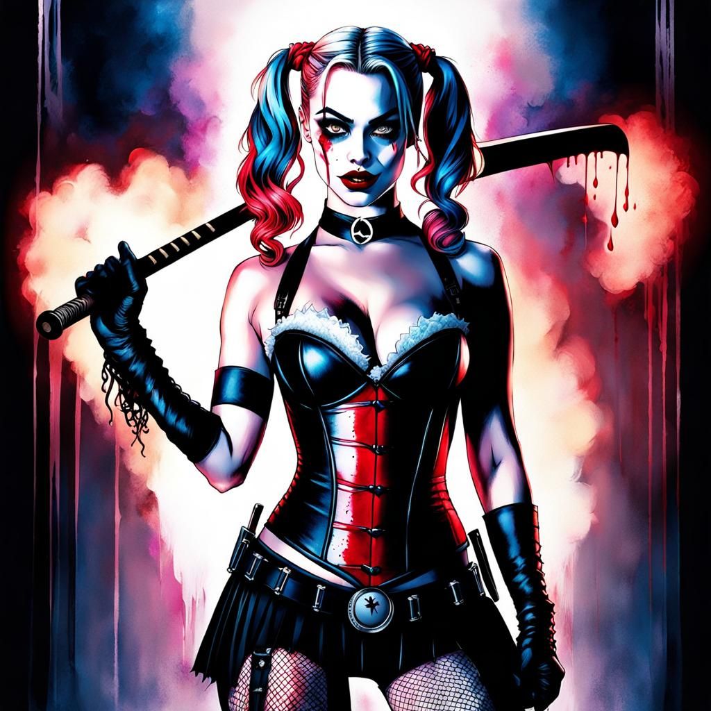 Harley Quinn Horror Art with Glowing Eyes
