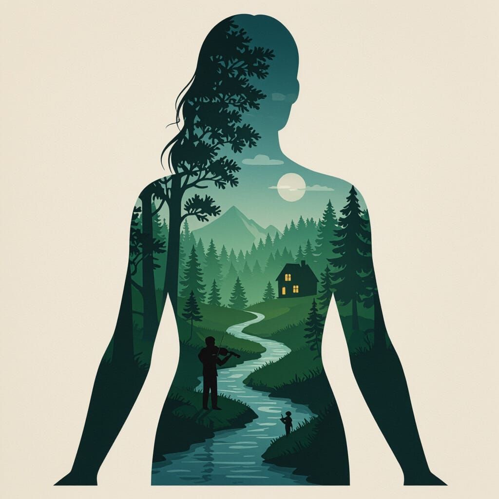 Man Playing Violin in Forested Human Silhouette Landscape