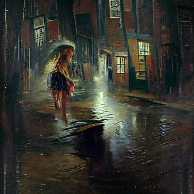 Girl in Rainy Street: Oil Painting by Gurney
