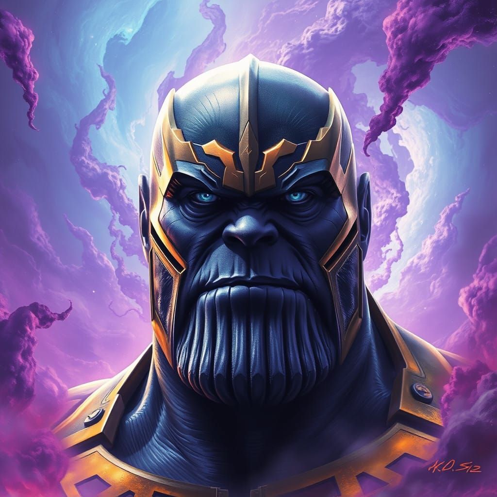 Epic Portrait of the Mad Titan Thanos in a Fantastical, Gold...