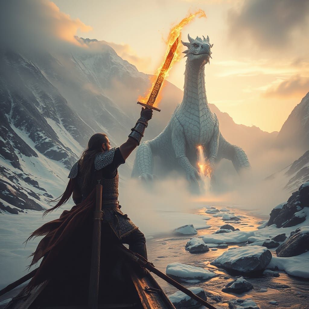 Viking Warrior Confronts Ice Dragon in Fiery Battle