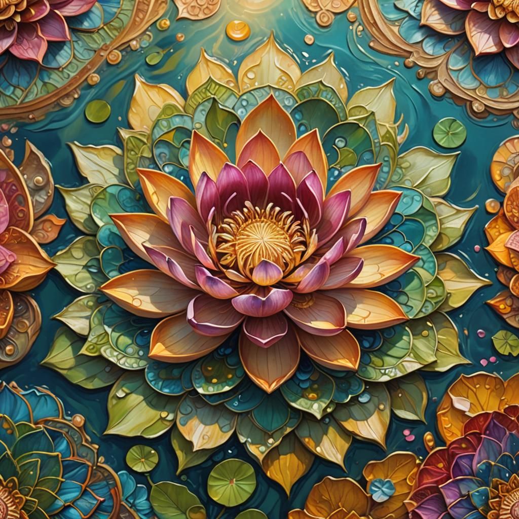 Blooming Lotus Mandala in Vibrant Oil Painting