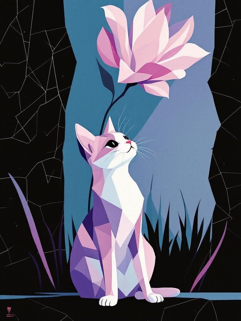 Stylized Cat Under Flower in Vintage Poster Art