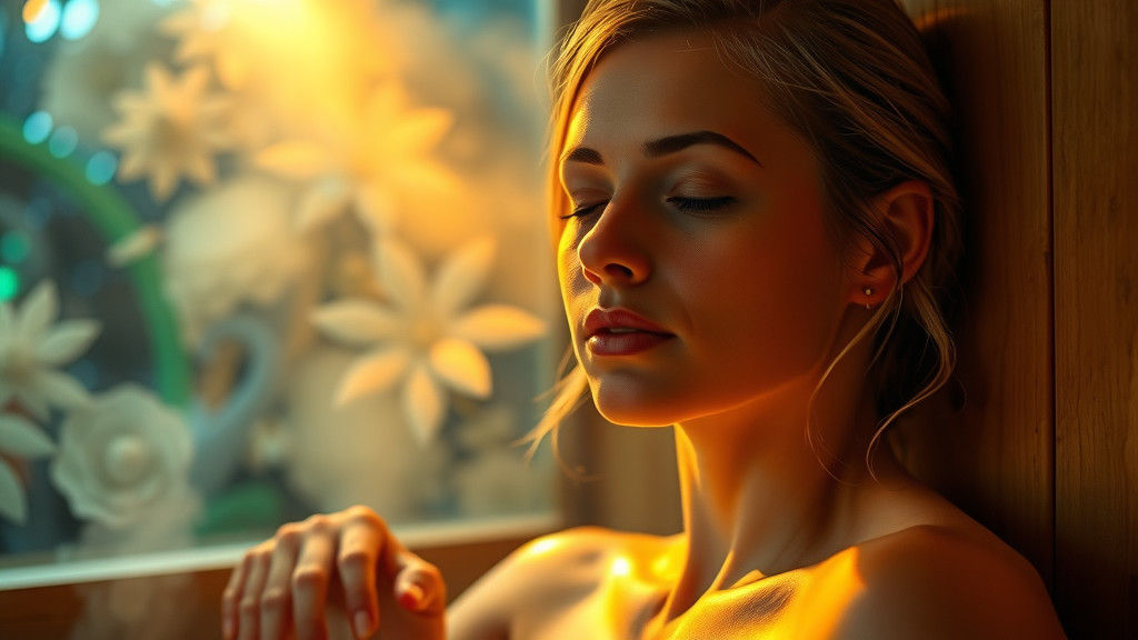 Serene Woman Relaxing in Sauna: Hyperrealistic Digital Art