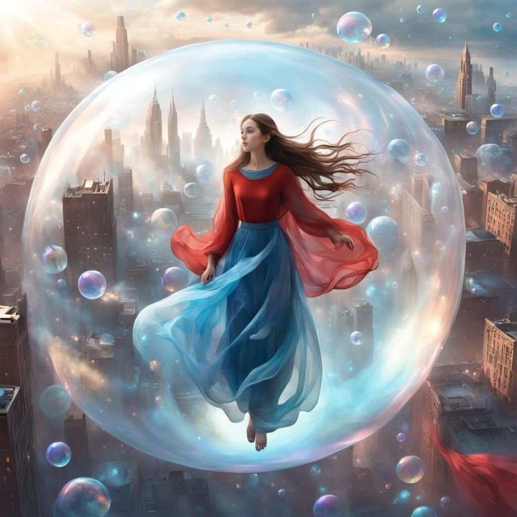 Woman in Ethereal Bubble, Cityscape Below