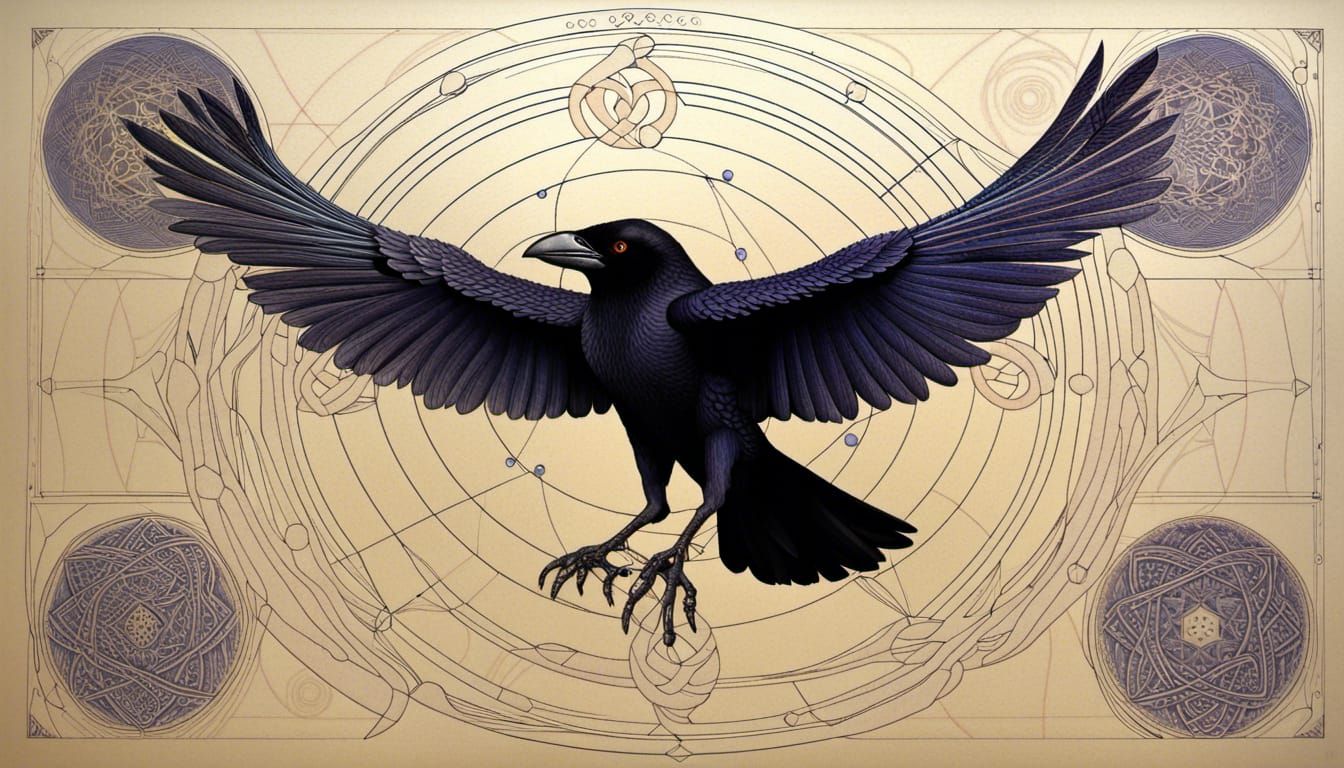 Anthropomorphic Crow Technical Drawing with Celtic Runes