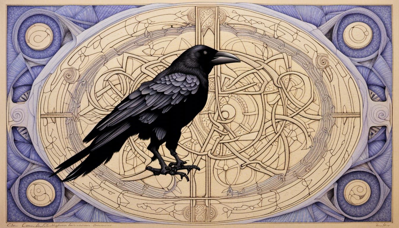Anthropomorphic Crow: Technical Drawings with Celtic Runes
