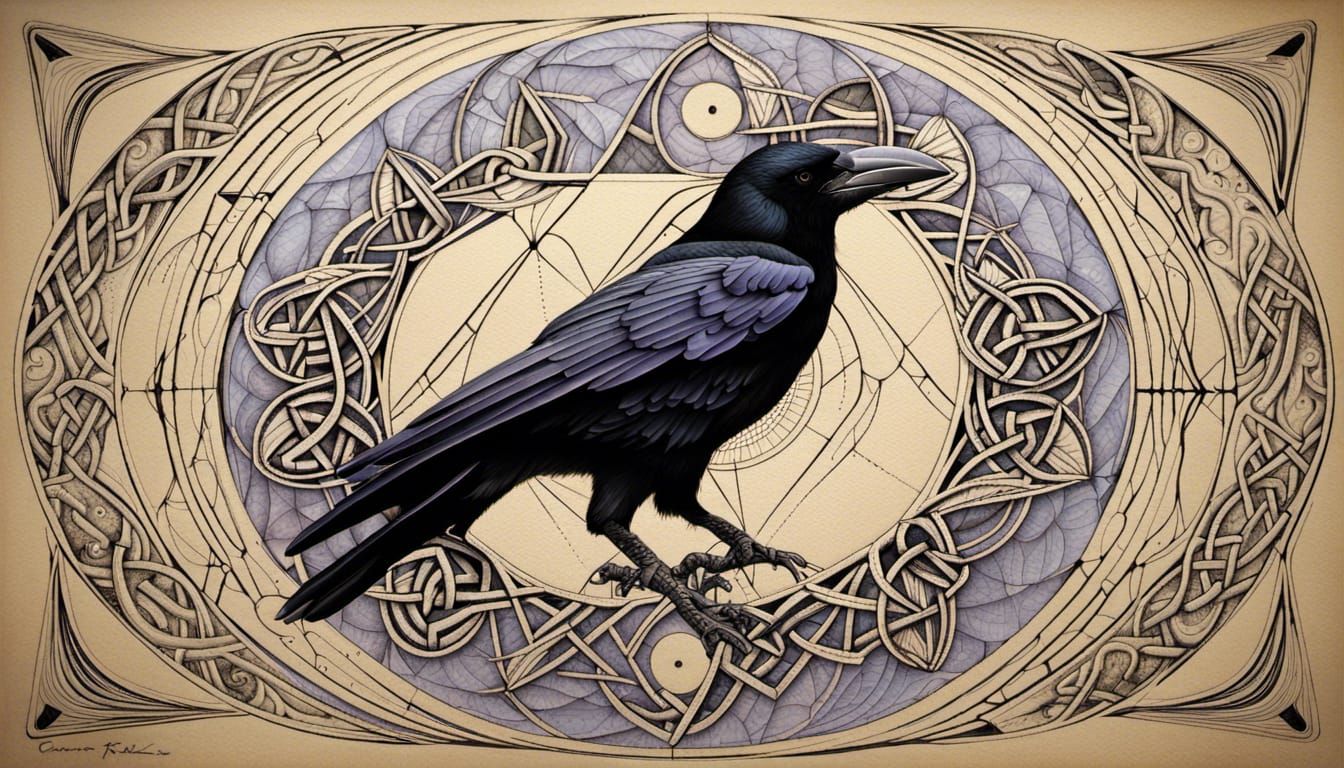 Anthropomorphic Crow: Technical Diagram with Celtic Runes