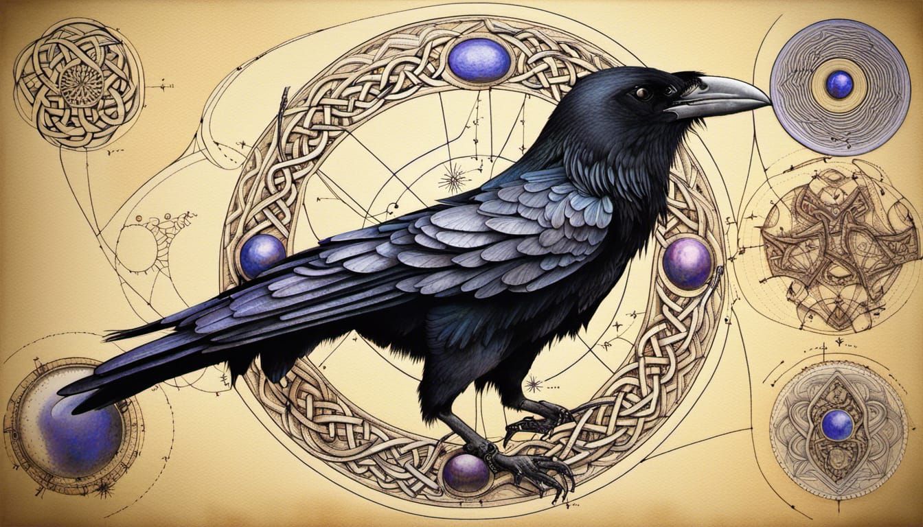 Anthropomorphic Crow Technical Diagram with Celtic Runes