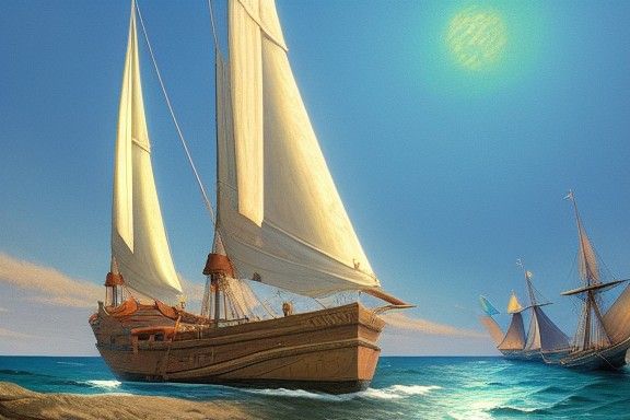 Medieval Seaside Village with Sailships in Acrylic Art Style