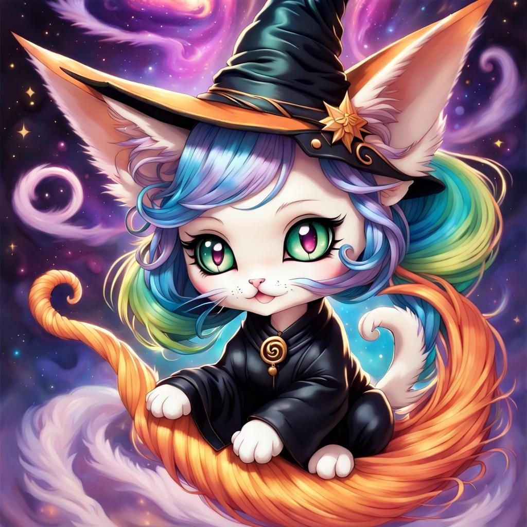 Anime Kitten Witch with Rainbow Tornado Fur