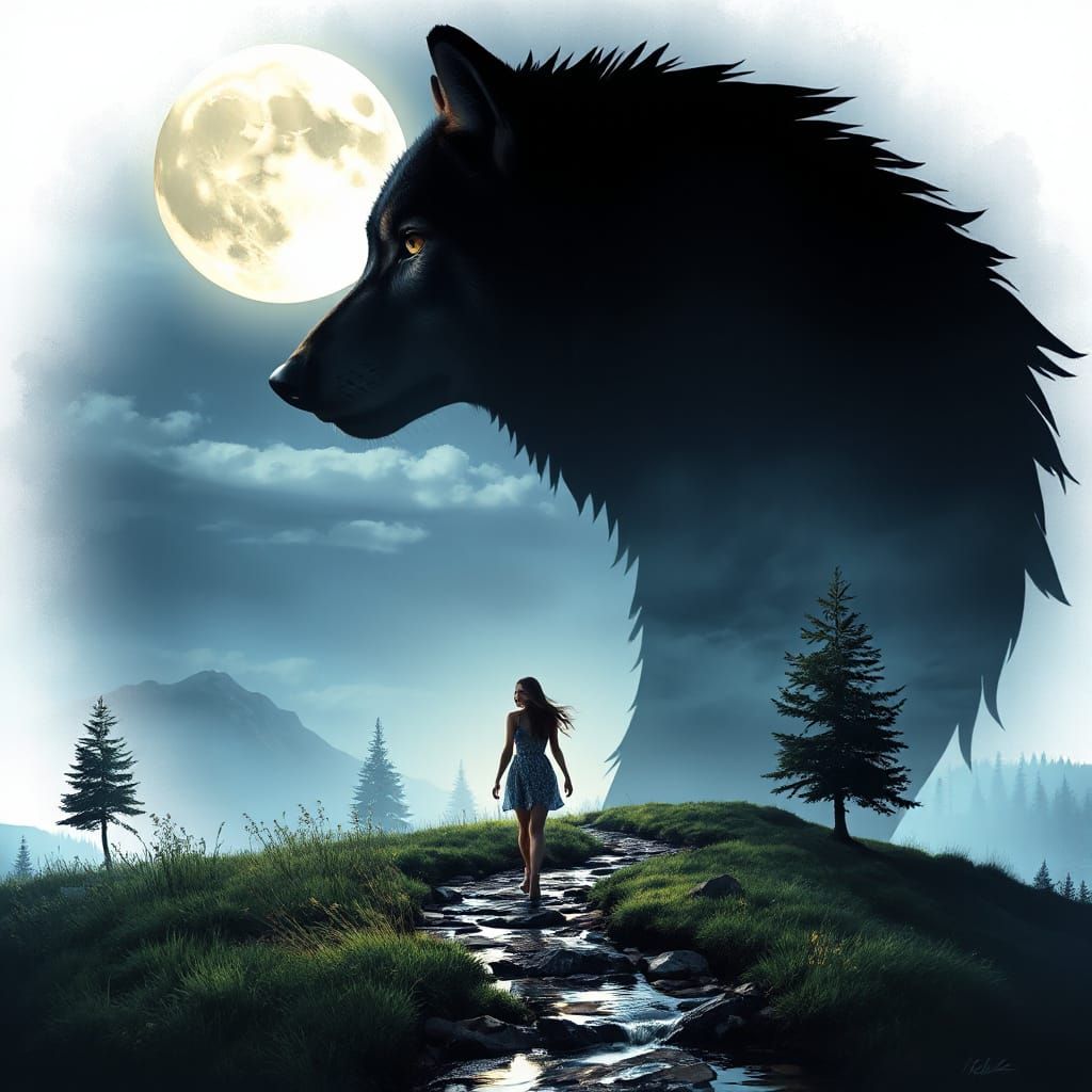Giant Wolf and Moonlit Path in Abstract Art