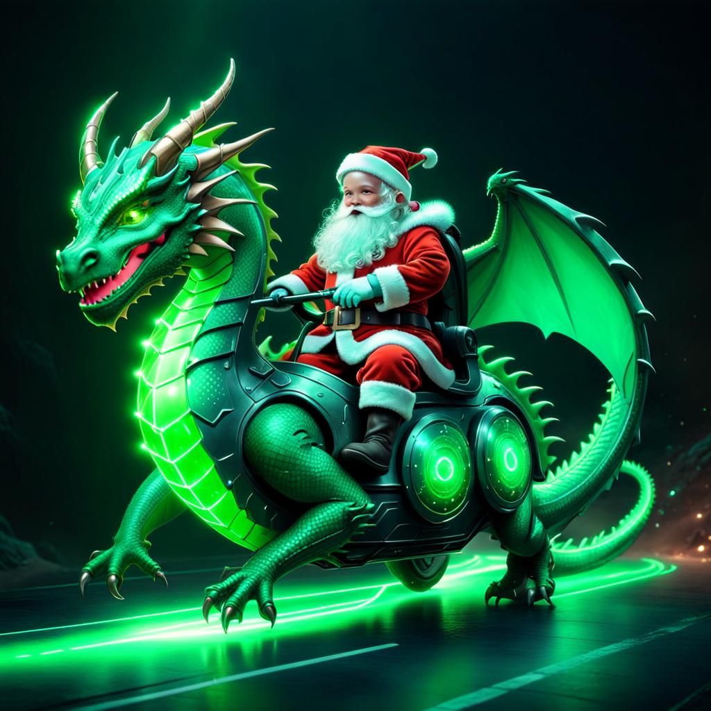 Santa Claus Child on Dragon, Neon Concept Art