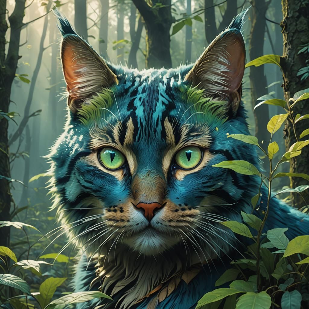 Mystical Blue and Green Cat in Fantasy Forest