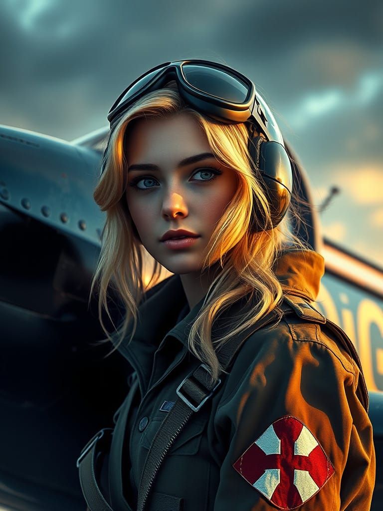 Elegant World War II Fighter Pilot Portrait in Cyberpunk Sty...
