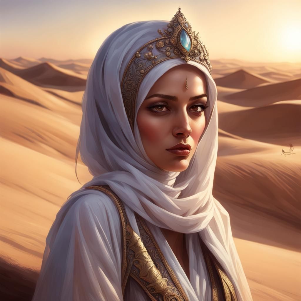 Desert Queen in Hijab: Roslin-Inspired Portrait