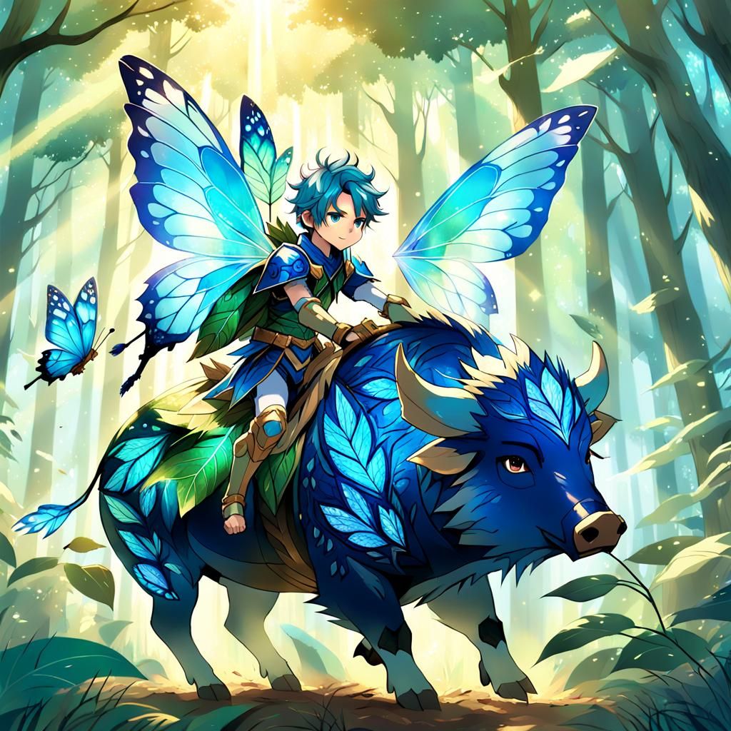 Blue Fairy Boy Rides Boar in Anime Style