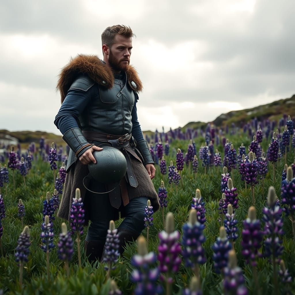 Viking Chris Hemsworth Walks Amidst Purple Lupines in Peggy'...