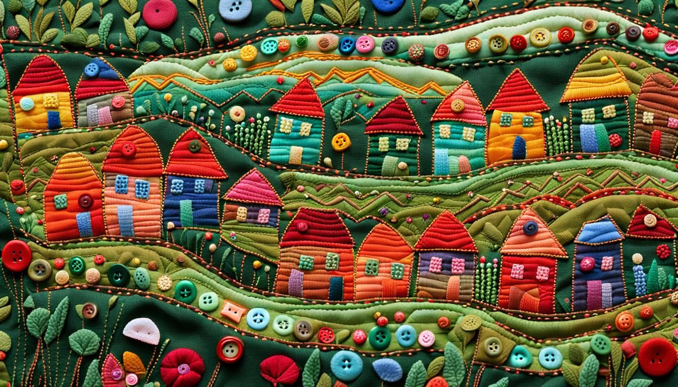 Folk Art Embroidery Village in Naive Style