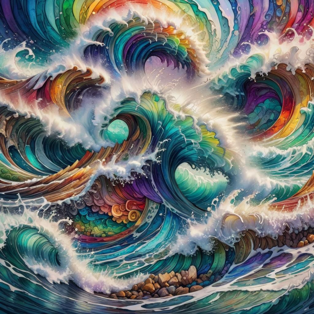 Rainbow Ocean Waves in Mixed Media Style