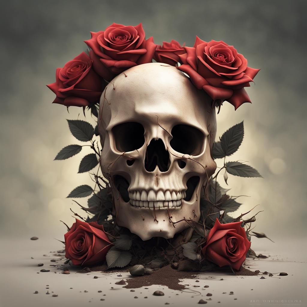 Rose Flowers with Faces Growing from Skull