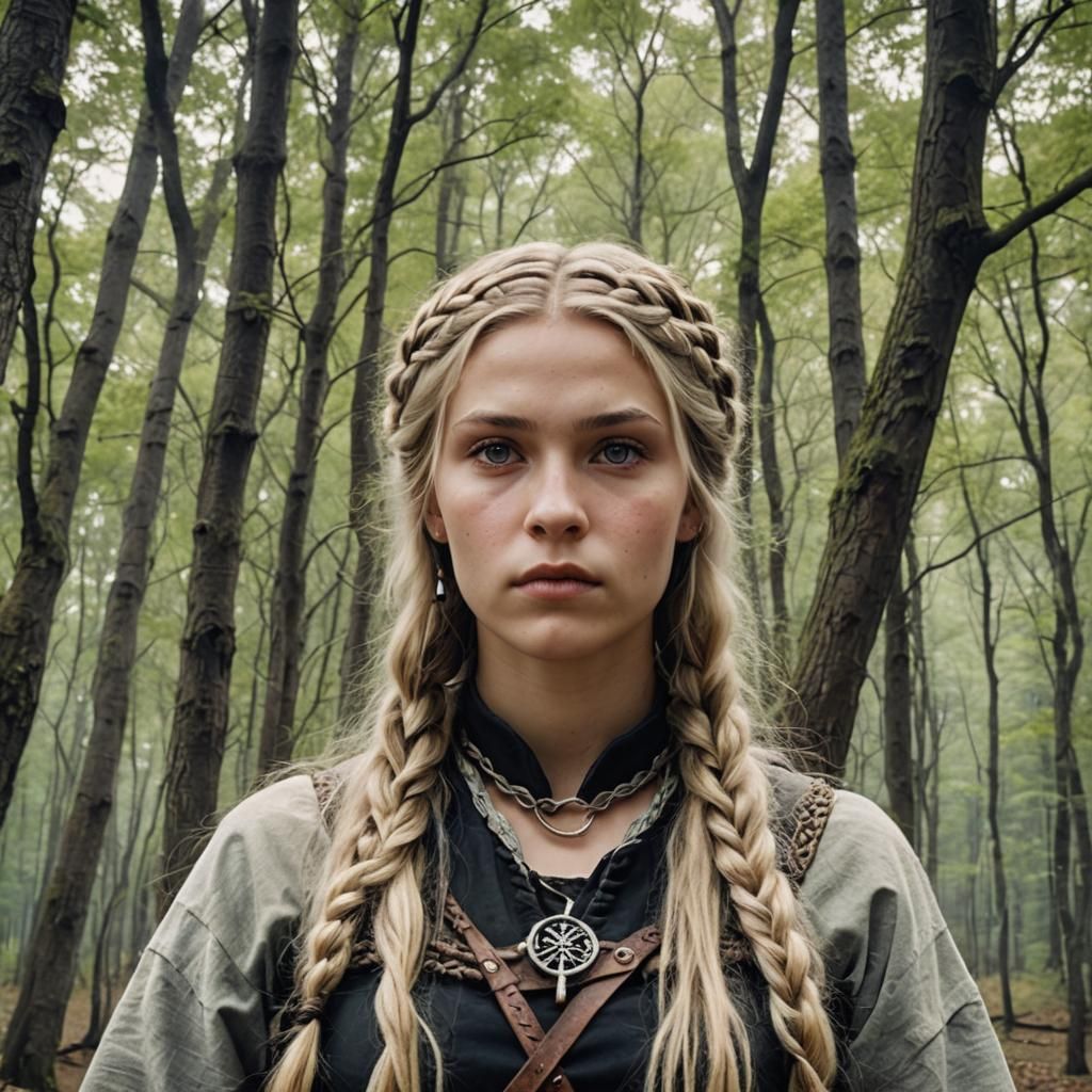 Slavic witch, pagan, female, 18 years old, year 1685, light blonde hair, braided,, thousand yard stare, looking up, grea...