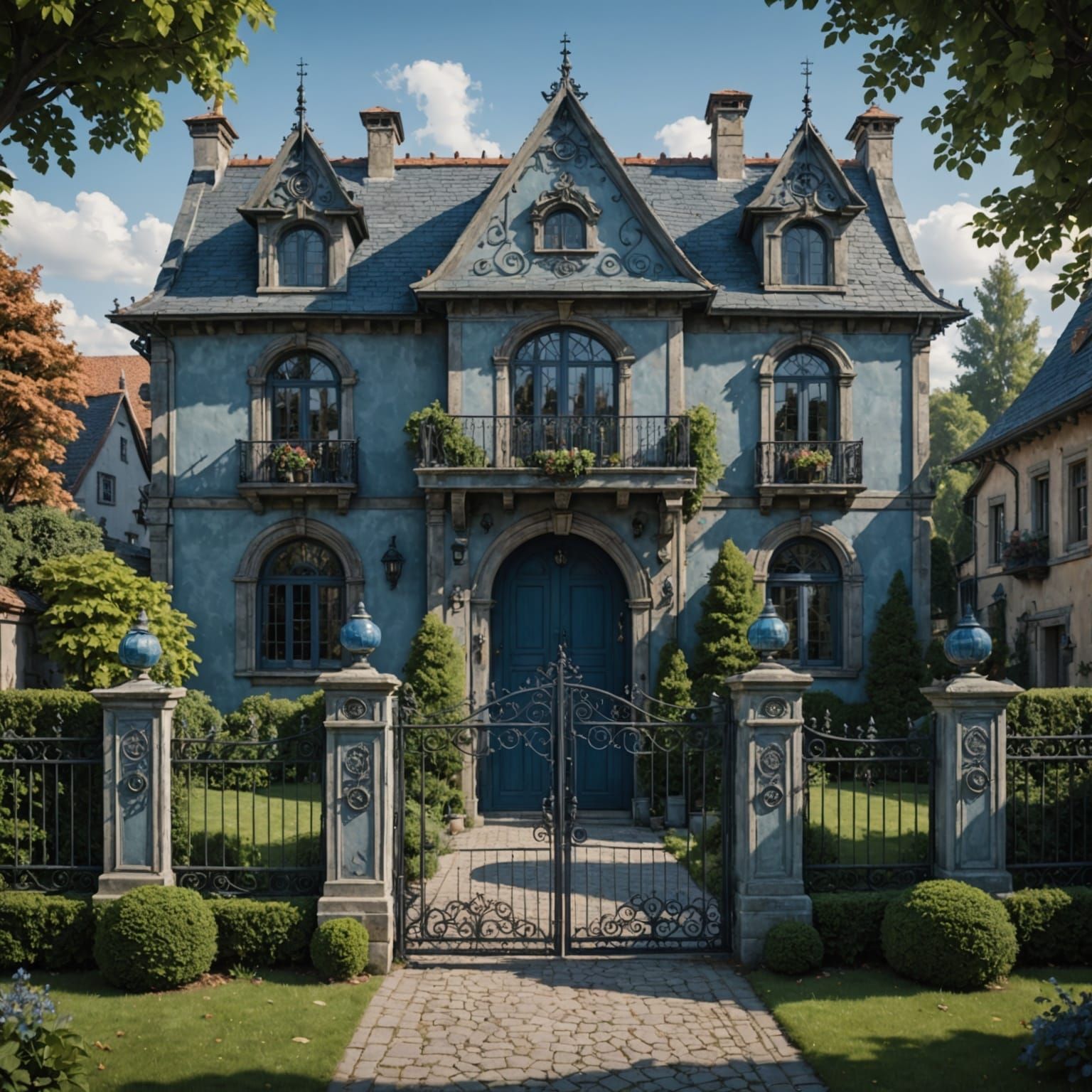 Mystical Blue-Grey Manor in a High Fantasy City