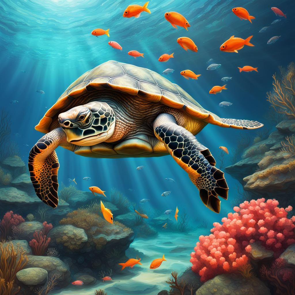 Underwater Giant Turtle with Coral Reef: Hyperrealistic Spla...