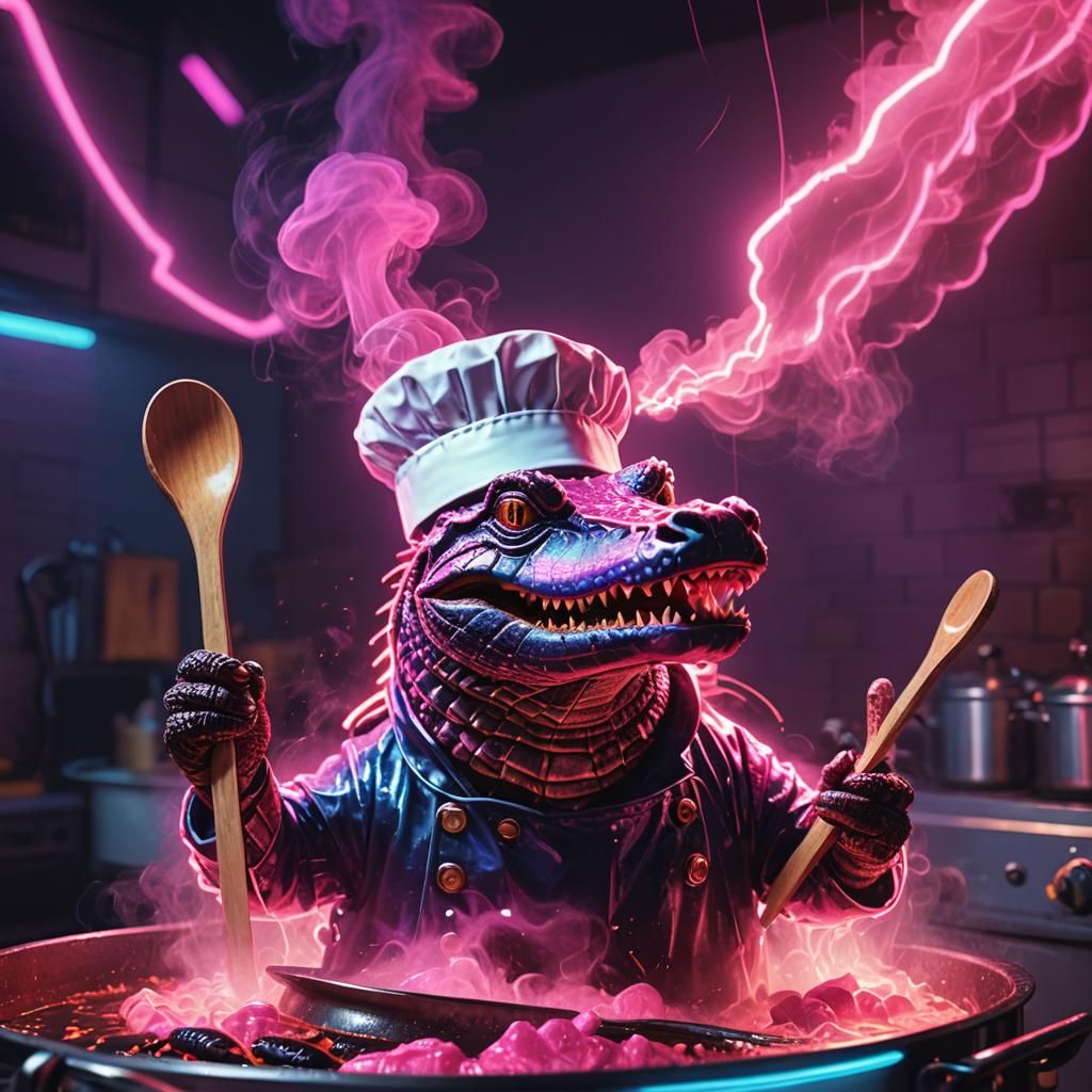Synthwave Catholic Alligator Chef Stirring Neon Mixture