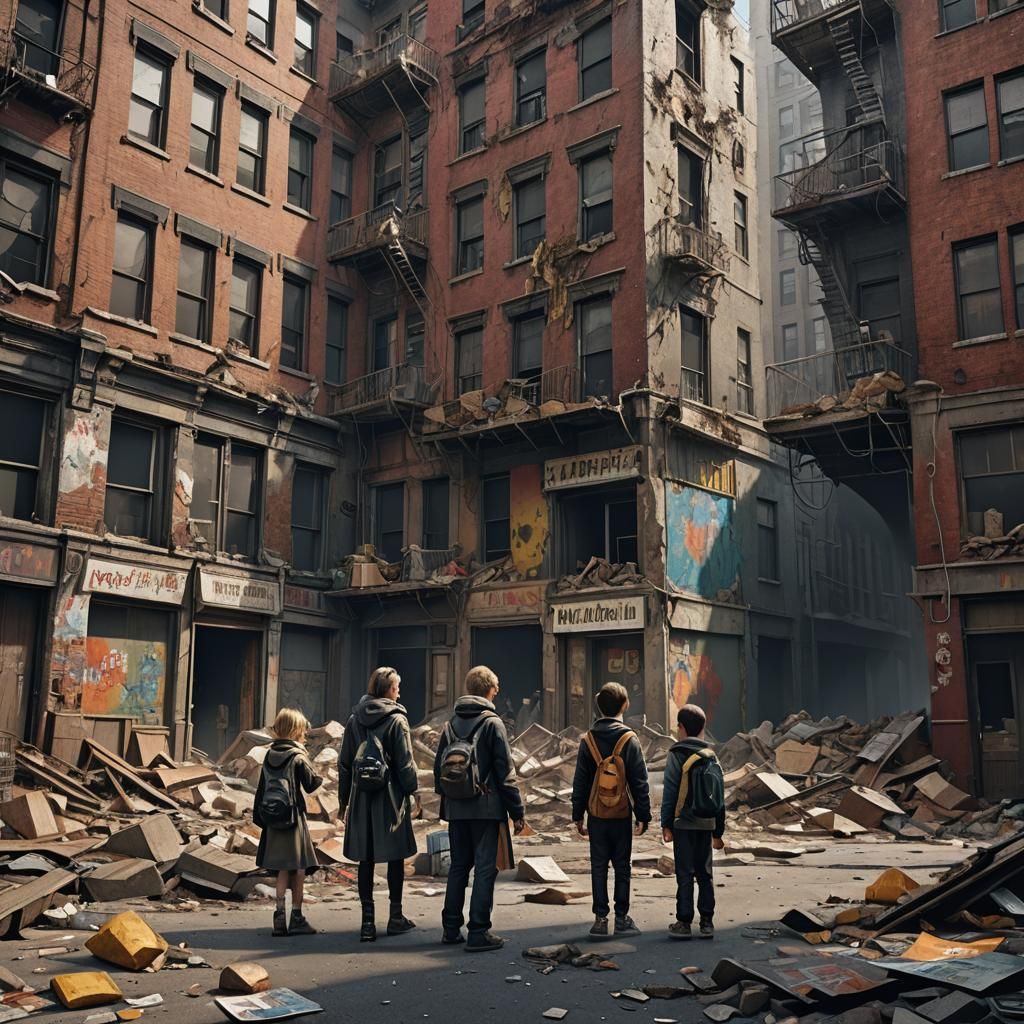 Post-Apocalyptic New York Family, Hyperrealistic Matte Paint...
