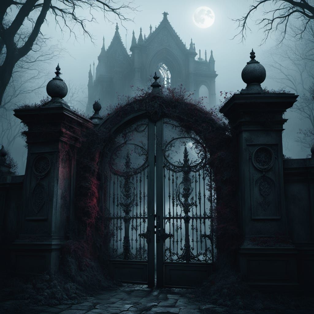 Gothic Iron Gate in Eerie Mist, Inspired by Giger and Beksiń...