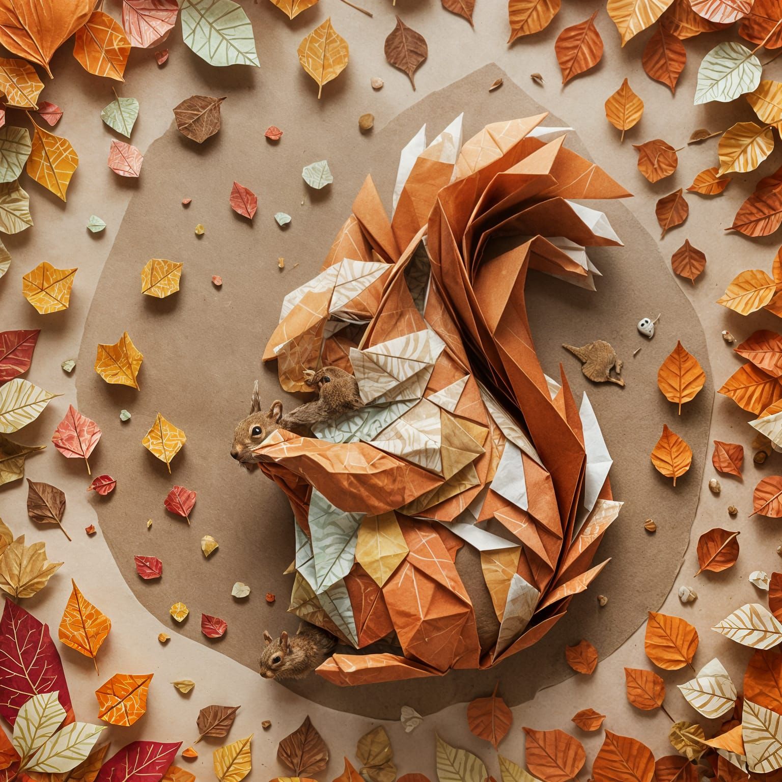 Squirrel with Acorn in Autumn Leaf Tornado