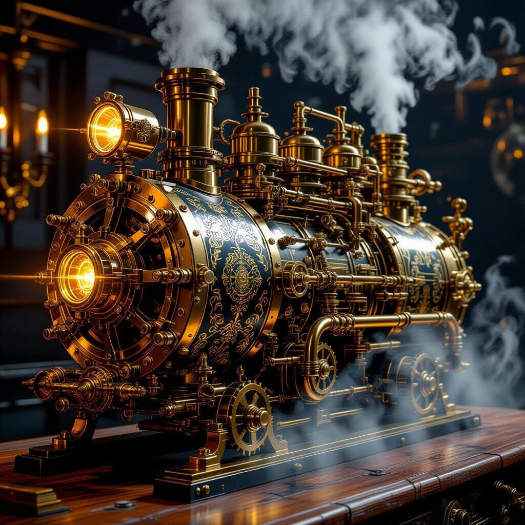 Intricate Steampunk Engine with Victorian Engraving