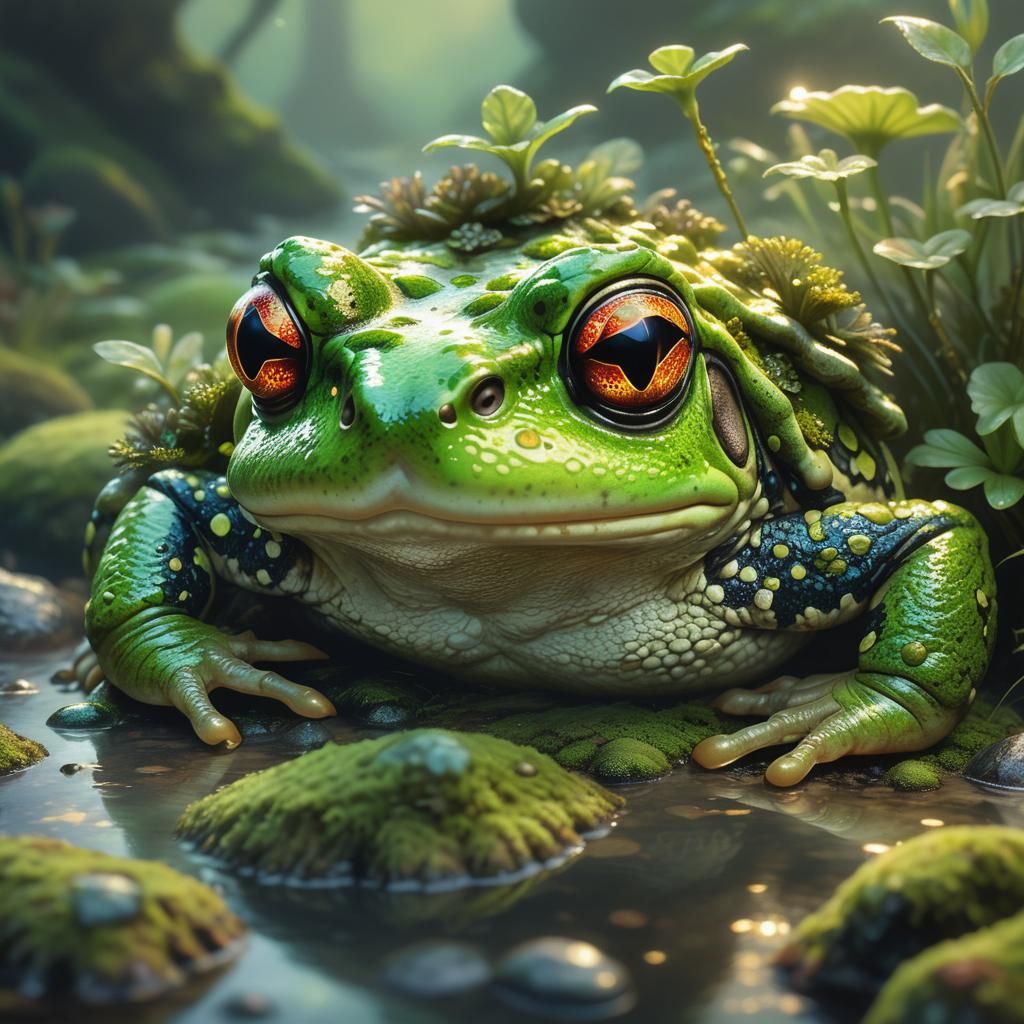Glowing Toad on Mossy Rocks, Fantasy Art