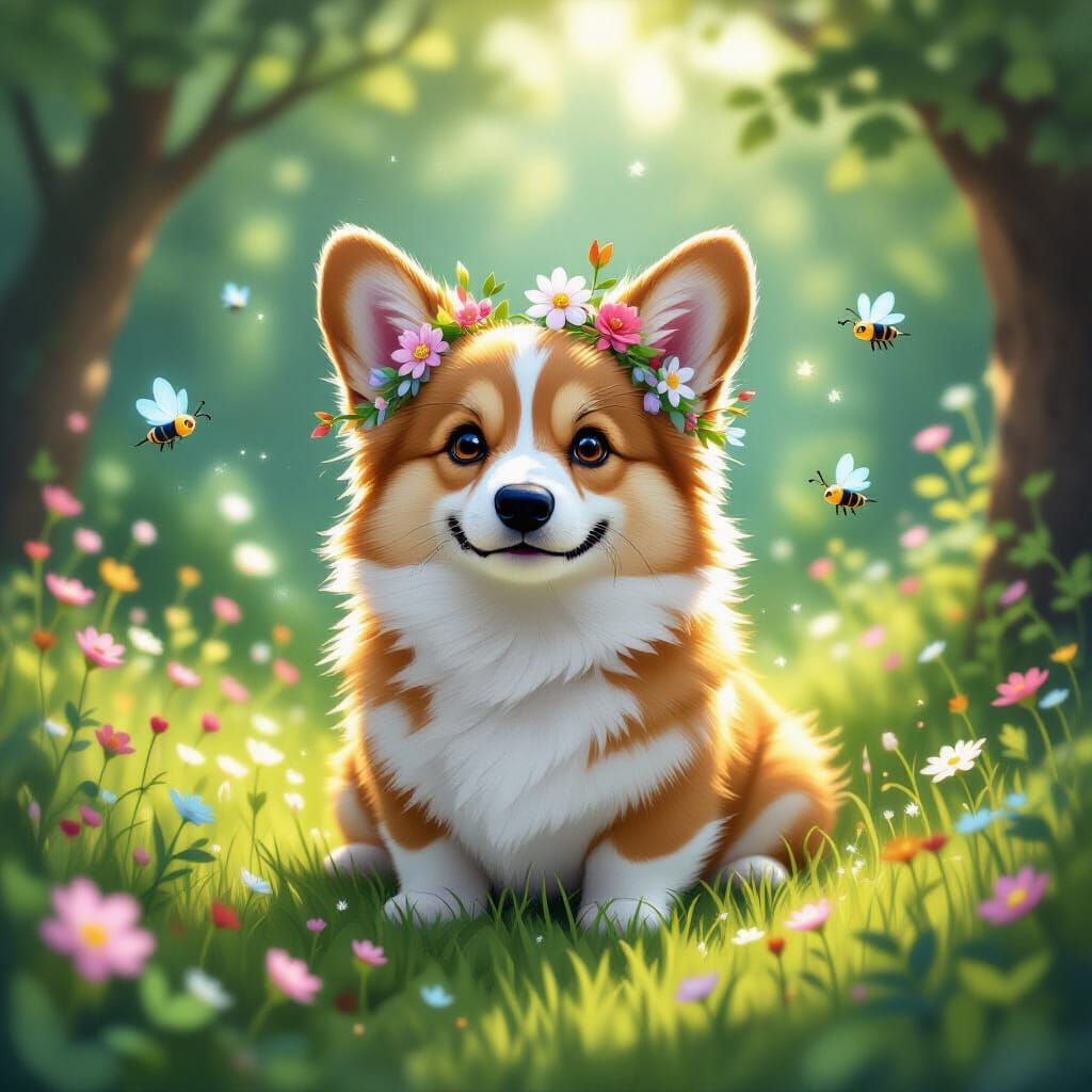 Corgi in Enchanted Forest with Robotic Insects