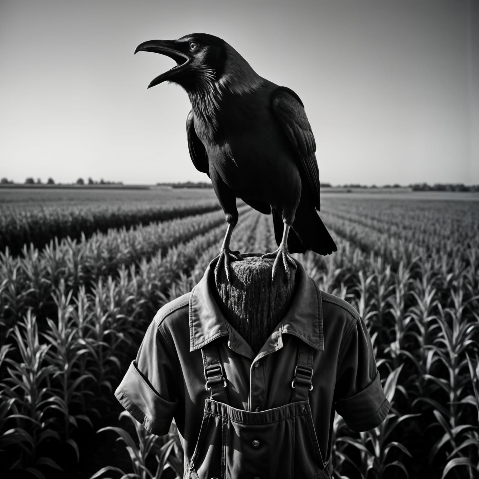 Surreal Black and White Crow Portrait in a Corn Field