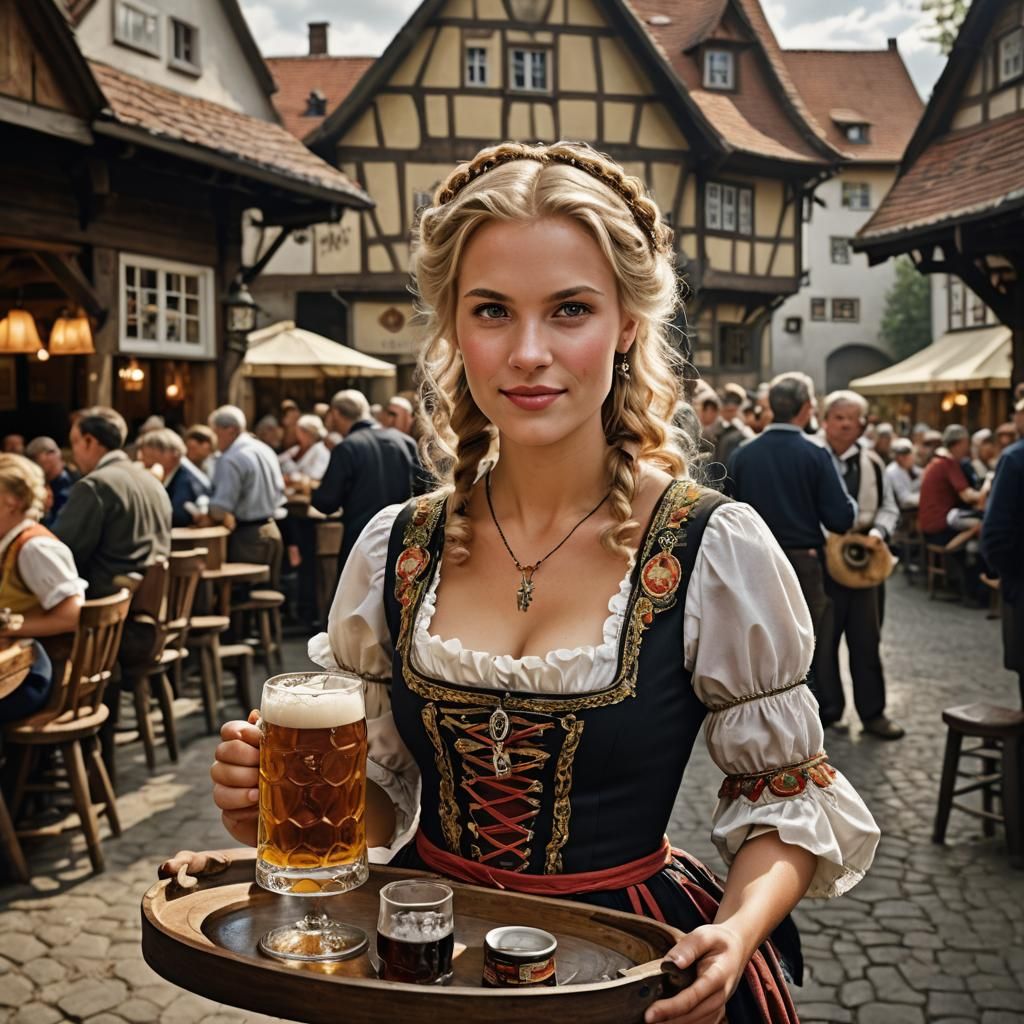 German Girl Serving Beer in Bavarian Tavern