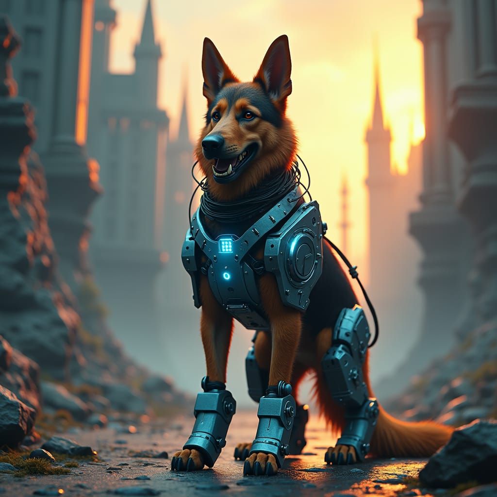 Cyborg German Shepherd in Dystopian Cityscape