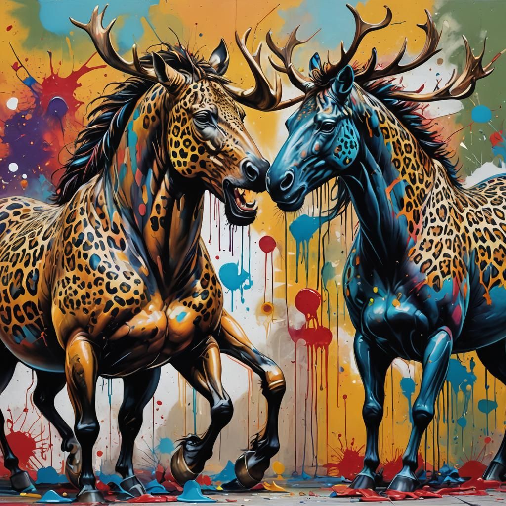 A horse with a horn and a leopard moose with a 40 foot neck.