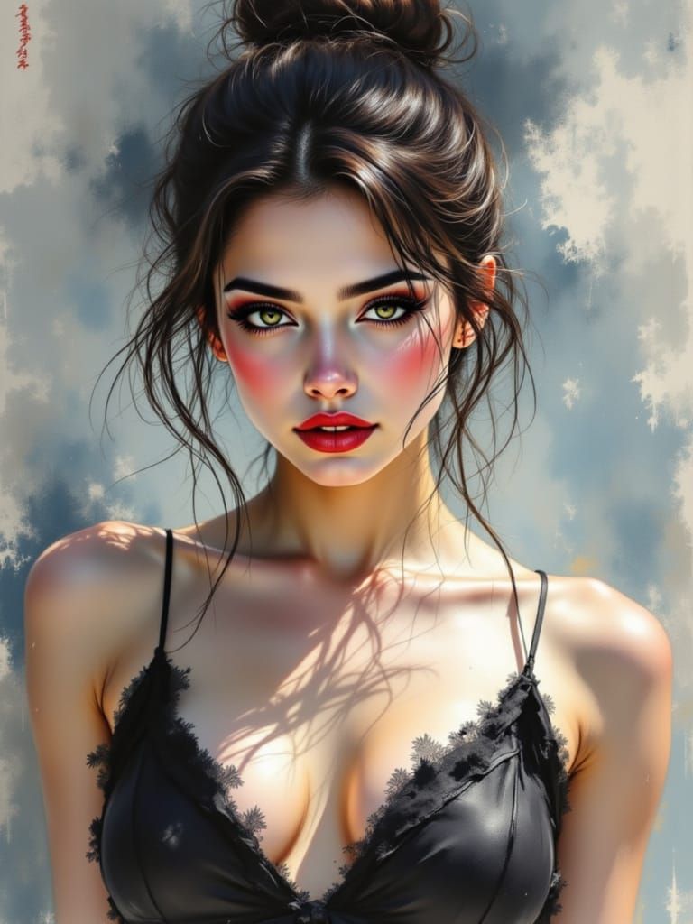 Mysterious Woman in Golden Light, Ink Brush Style