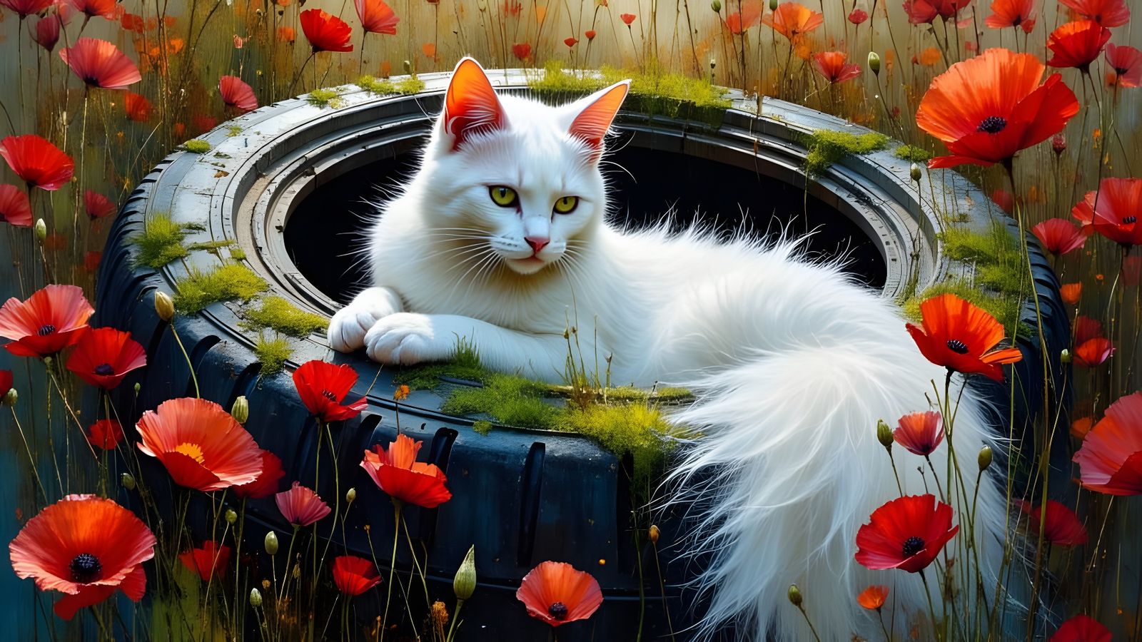 Elegant White Cat on Mossy Tire in Poppy Field