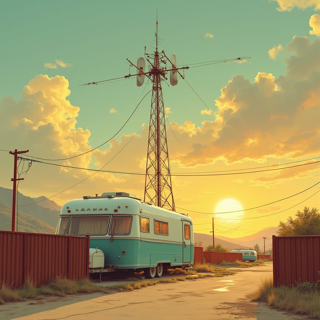 Retro-Futuristic Ham Radio Antenna in Sun-Kissed Trailer Par...