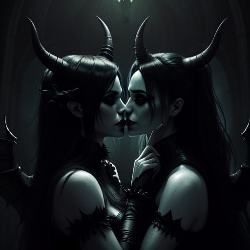 Demon Ladies Kissing in Dark Fantasy Style