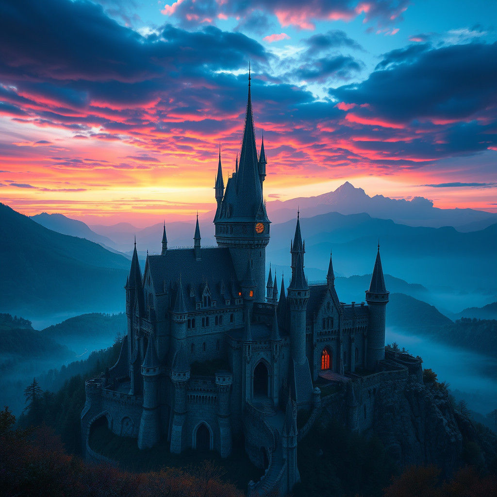 Majestic Castle Sunset: Hyper-Detailed Matte Painting