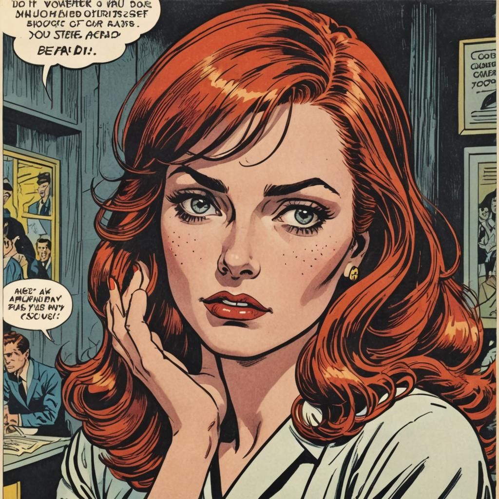 1960s. A  redheaded woman who is afraid. Comic page. Illustr...
