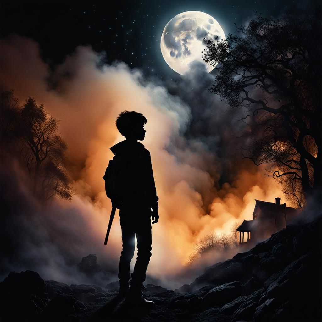 Ethereal Silhouette: Boy in Smoky Fantasy Landscape