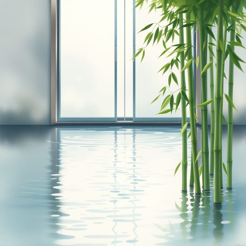 Dreamy River Scene with Bamboo and Glass Door